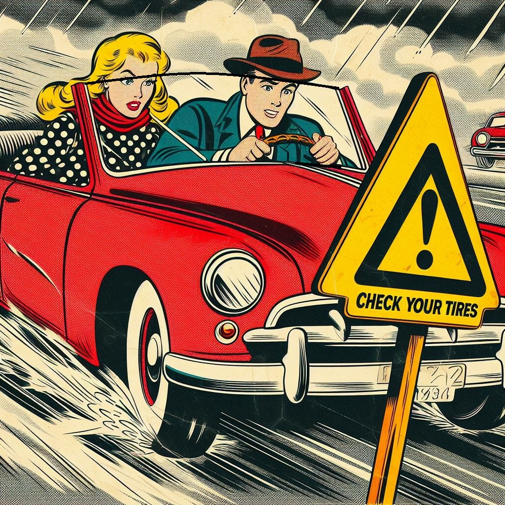 fumetto con Auto anni 50 che sfreccia sulla strada e un cartello di attenzione controllo pneumatici